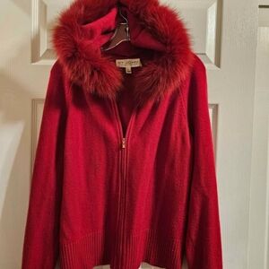 St. John Red Agora Fur-Trim Hooded Zip Cardigan